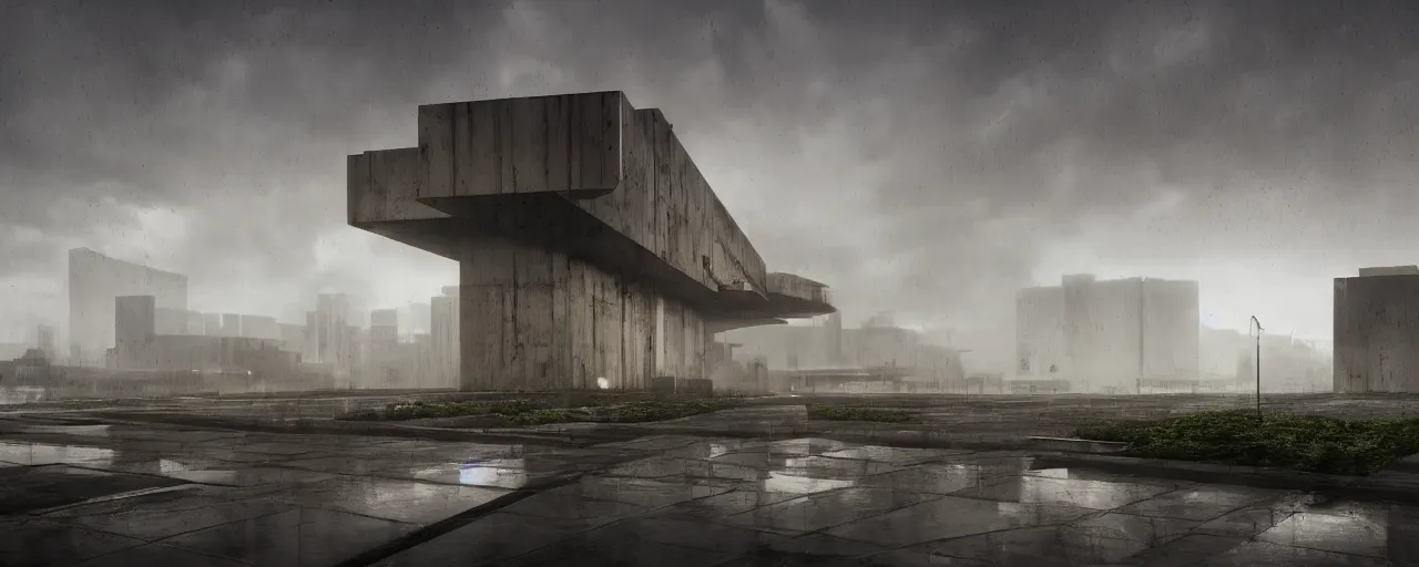 Image similar to brutalist architecture, metal, concrete, mist, rain, night, dramatic lighting, lightning bolt, trending on Artstation, 8k, highly realistic, hyper detailed, unreal engine 5, IMAX quality, realistic, cinematic, epic lighting, realistic, in the style of Greg Rutkowski