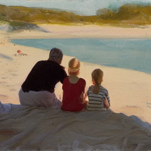 Image similar to a nine year old blonde girl and her two parents sit on a blanket at the beach and watch through sun go down in the style of anders zorn