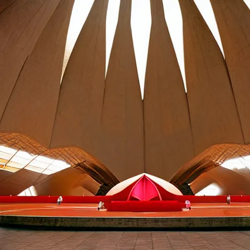 Image similar to interior of a futuristic lotus temple with gold, red and white marble panels, in the desert, by buckminster fuller and syd mead, intricate contemporary architecture, photo journalism, photography, cinematic, national geographic photoshoot