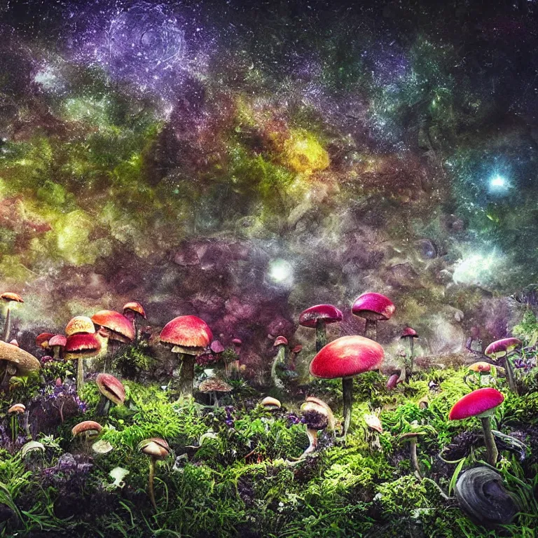 Image similar to a planet of various fungus, mushrooms, flowers and plants, inside the picture is infinity, Atmospheric, artistic photography, conceptual, long exposure outside the city, volumetric light