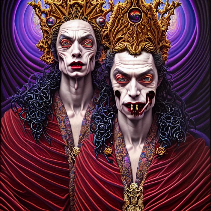 Prompt: beautiful oil painting, full length portrait of vampire in baroque coronation robes 1701, Dan Mumford, Dan Mumford, Alex grey, hyacinthe rigaurd, highly detailed , lsd visuals, dmt fractal patterns, visionary art, psychedelic art, ornate, vaporwave, baroque, Greg rutkowski