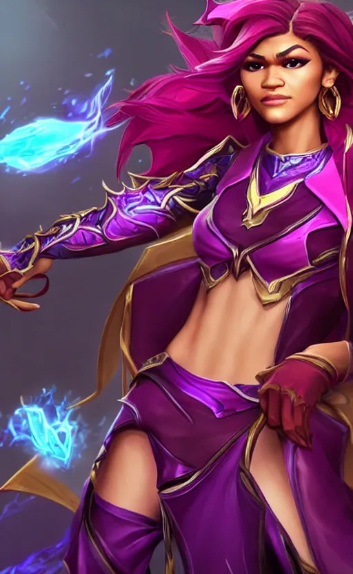 Prompt: Zendaya as a character in the game League of Legends, with a background based on the game League of Legends, detailed face, old 3d graphics