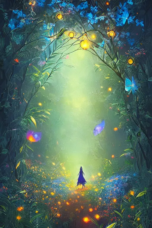 Prompt: beautiful digital matte painting of whimsical botanical illustration blue flowers fireflies enchanted dark background dark contrast by android jones alena aenami