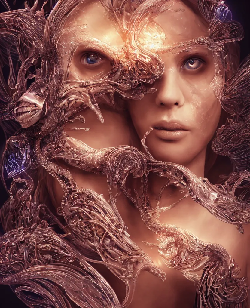 Image similar to close-up macro portrait of the face of a beautiful princess with animal skull mask, epic angle and pose, symmetrical artwork, 3d with depth of field, blurred background, cybernetic jellyfish female face skull phoenix bird, translucent, nautilus, energy flows of water and fire. a highly detailed epic cinematic concept art CG render. made in Maya, Blender and Photoshop, octane render, excellent composition, cinematic dystopian brutalist atmosphere, dynamic dramatic cinematic lighting, aesthetic, very inspirational, arthouse. y Greg Rutkowski, Ilya Kuvshinov, WLOP, Stanley Artgerm Lau, Ruan Jia and Fenghua Zhong