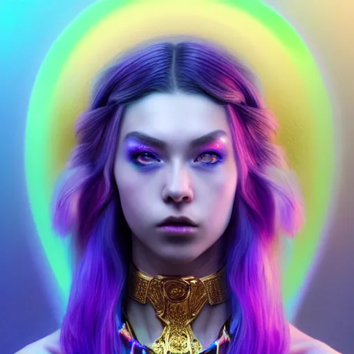 Prompt: hyperdetailed close portrait of a stunningly beautiful ukrainian girl androgynous wizard guard made of iridescent metals and shiny purple gems, bright rainbow nimbus, golden necklace, smoke background inspired by ross tran and masamune shirow and kuvshinov, concept art, intricate, photorealistic, octane render, rtx, hdr, unreal engine, dnd digital art by artgerm