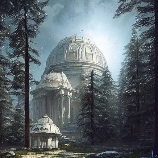 Image similar to mysterious glowing white domed sci-fi building, Ivan Shishkin and Greg Rutkowski