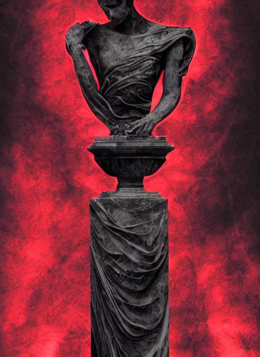 Image similar to elegant dark design poster showing a beautiful greco roman marble statue, black background with very subtle red and purple design elements, bold, powerful, nekro, vito acconci, thin straight purple lines, dark, glitch art, neo vaporwave, gritty, layout frame, square, trending on artstation