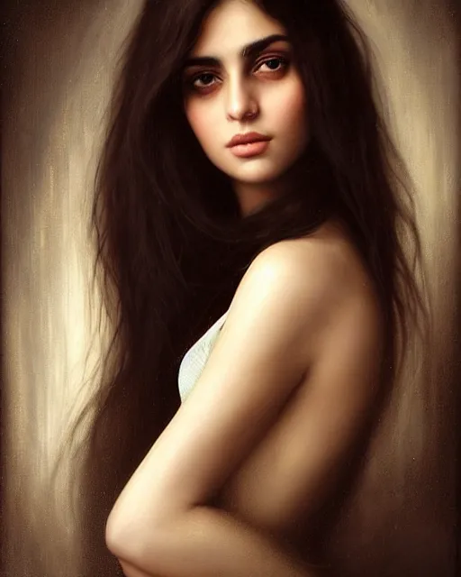 Image similar to a highly realistic, true to life portrait of a beautiful young middle eastern girl, soft focus, from the waist up, with sharp features, a beautiful face, soft smile, under studio lighting, taken with a canon eos camera with 1 3 5 mm focal length, art by karol bak, james jean, tom bagshaw, trending on artstation,