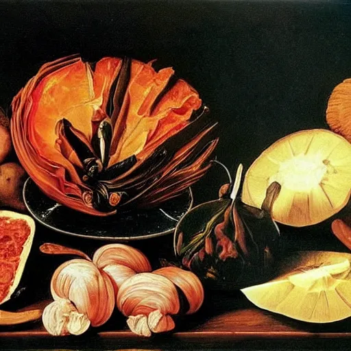 Prompt: a caravaggio painting of kimchi ingredients