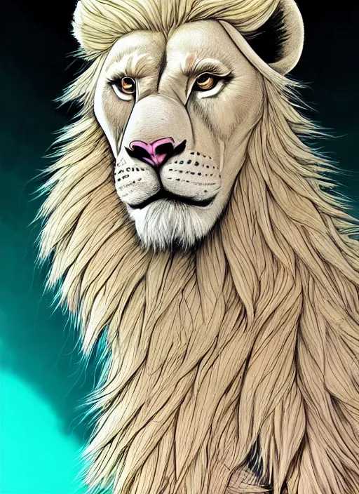 Image similar to aesthetic portrait commission of a of a male fully furry muscular anthro albino lion with a tail and a beautiful attractive hyperdetailed face wearing stylish and creative mint outfit made out of silk in a sci - fi dystopian city at golden hour while it storms in the background. character design by dittmann, anna, detailed, inked, western comic book art, award winning film poster painting