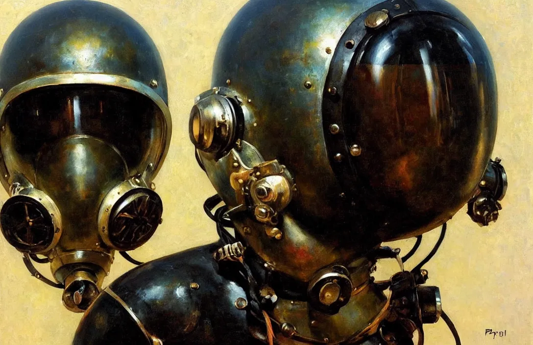 Image similar to portrait of deep sea diver helmet!!!!!!!!!!!!!!!!!!!!!!!!!!!, detailed face, detailed painting, epic lighting, by ilya repin, phil hale and kent williams