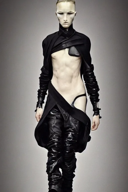 Image similar to beautiful androgynous high fashion avant garde techwear look and clothes, we can see them from feet to head, highly detailed and intricate, luxury, cinematic, rick owens, yohji yamamoto, y 3, outfit photo, hot on r / streetwear, trending on artstation,