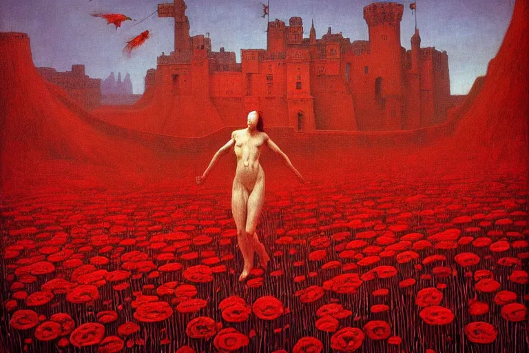 Image similar to only with red, red flowers of different types, a red tiger, a castle in the background, medieval demons dance over the flowers, an ancient path, in the style of beksinski, part by hopper, part by rodcenko, part by hofbauer, intricate composition, red by caravaggio, insanely quality, highly detailed, masterpiece, red light, artstation