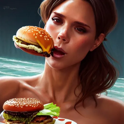 Image similar to Victoria Beckham Eating Big Macs, dripping BBQ Sauce, serving burgers, D&D, fantasy, intricate, elegant, highly detailed, digital painting, artstation, concept art, matte, sharp focus, illustration, hearthstone, art by Artgerm and Greg Rutkowski and Alphonse Mucha