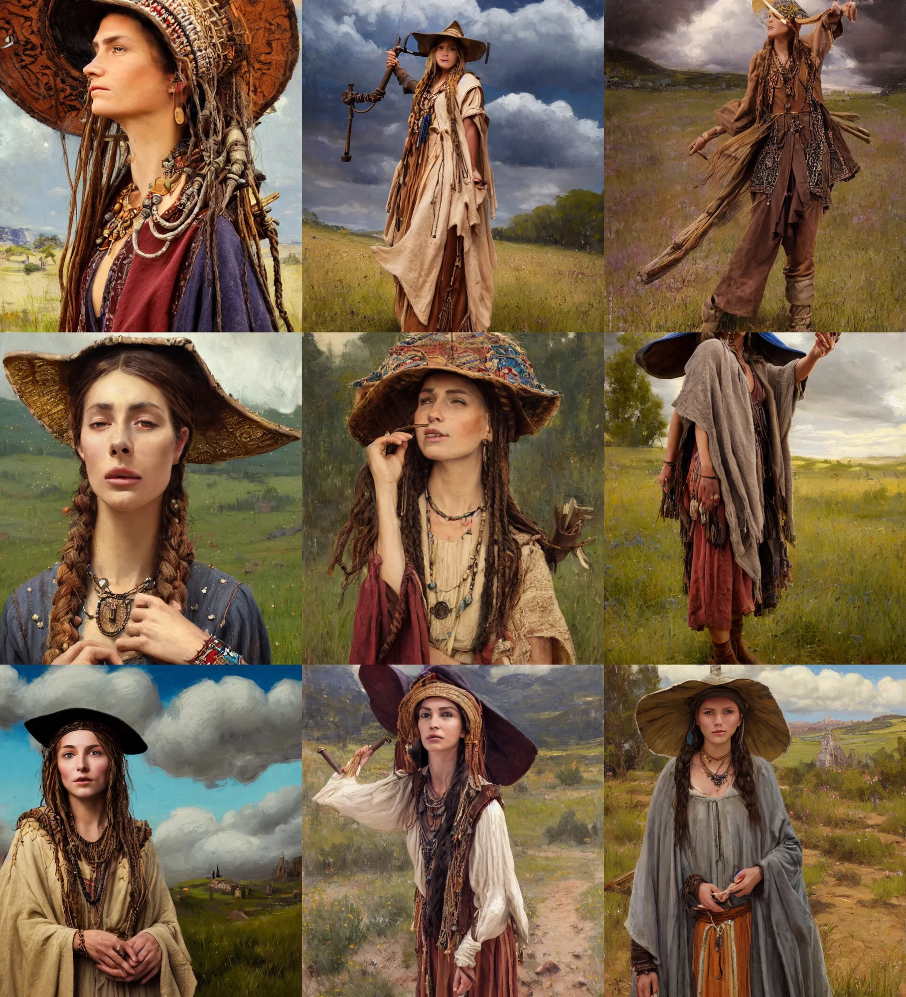 Prompt: portrait of medieval farmer fashionable young woman with wooden jewelry, mediterranean features, wearing rich jewerly hat and boho poncho, shaman witch, fantasy character close up portrait, standing pose, low view, thunder clouds in the sky, artwork by Jeremy Lipkin and Giuseppe Dangelico Pino and Michael Garmash and rob rey, levitation, industrial rusty pipes, simple form, brutal shapes