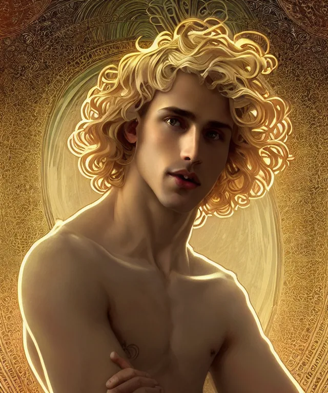 Prompt: symmetrical fullbody portrait of a beautiful young fit male angel with curly blond hairs, dressed in long fluent clothes, majestic big dove wings, luminous halo, by greg rutkowski and alphonse mucha, gradient white to gold, in front of an iridescent background, highly detailed portrait, digital painting, artstation, concept art, smooth, sharp focus illustration