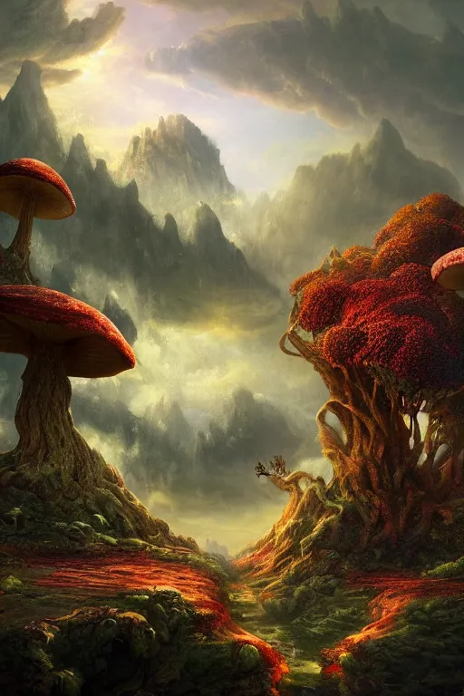 Image similar to a beautiful digital landscape painting of a detailed fantasy dragon and roots, dark mushroom, flowers by benoit b. mandelbrot, steven belledin, martin johnson heade, lee madgwick, caspar david friedrich, and david rios ferreira. 8 k resolution trending on artstation concept art digital illustration