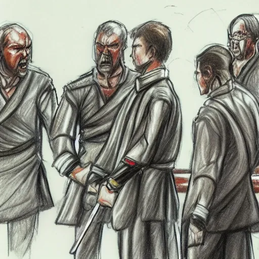 Prompt: highly detailed realistic Courtroom style sketch of The Hague members yelling at a cyborg samurai, fear and anger in their eyes, award winning , masterpiece on a scroll , post-processing