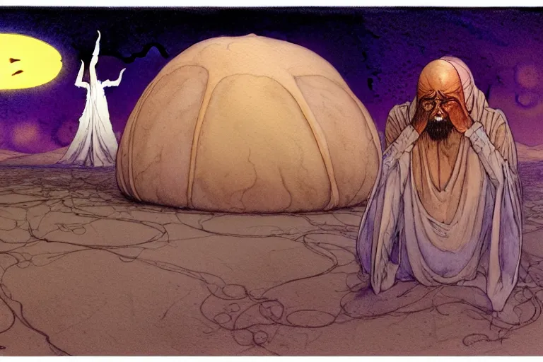 Image similar to a hyperrealist watercolour character concept art portrait of a middle eastern merchant keeling down in prayer in front of a lovecraftian alien with 1 2 eyes on a misty night in the desert. a ufo is in the background. by rebecca guay, michael kaluta, charles vess and jean moebius giraud