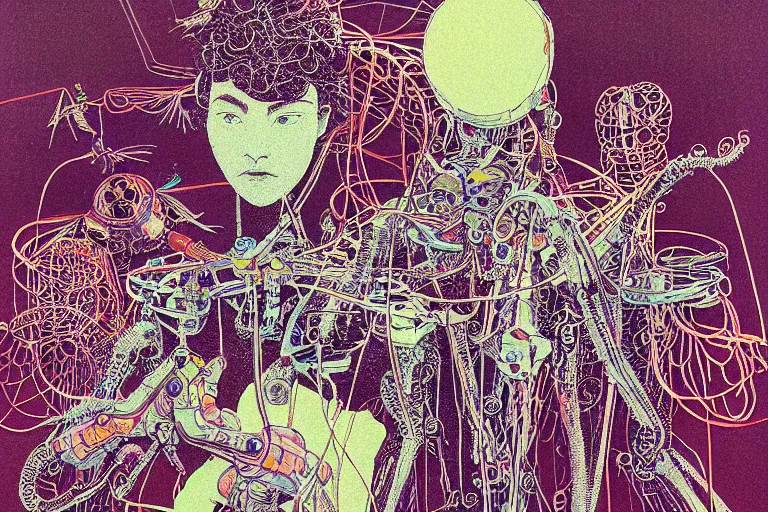 Image similar to risograph grainy drawing vintage sci - fi, satoshi kon color palette, arzach bird covered with robot parts and wires, wearing futuristic layered scaphander with lot tentacles, insects and dragonflies around, painting by moebius and satoshi kon and dirk dzimirsky close - up portrait