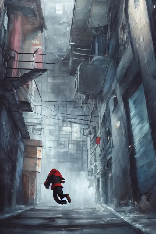 Image similar to anime teen boy with messy white hair wearing a hoodie running from police pursuit in an alleyway, concept art, wlop, digital painting, trending on artstation, highly detailed, epic composition, official media, 8 k uhd