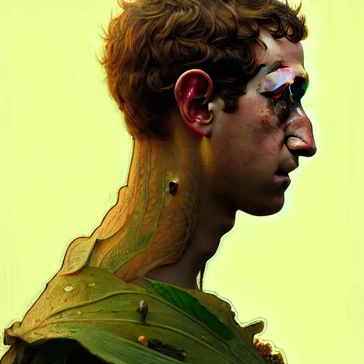 Image similar to An anthropomorphic pickle with the face of Mark Zuckerberg, intricate, highly detailed, digital painting, artstation, oppressive lighting, fashion concept art, sharp focus, illustration, art by greg rutkowski and alphonse mucha