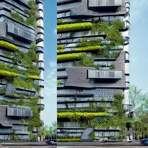 Image similar to highly detailed futuristic modern buildings with plants growing all over