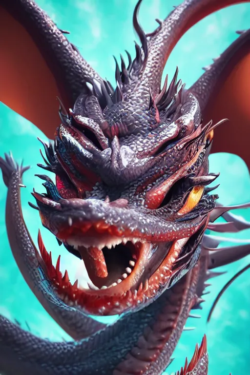 Prompt: swirling liquids mixing together, playful, happy, cheeky asian dragon's head close up, detailed, dramatic light, octane render, realistic