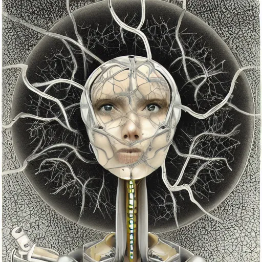 Prompt: a robot growing neurons all across its shiny metal shell, romanticism portrait