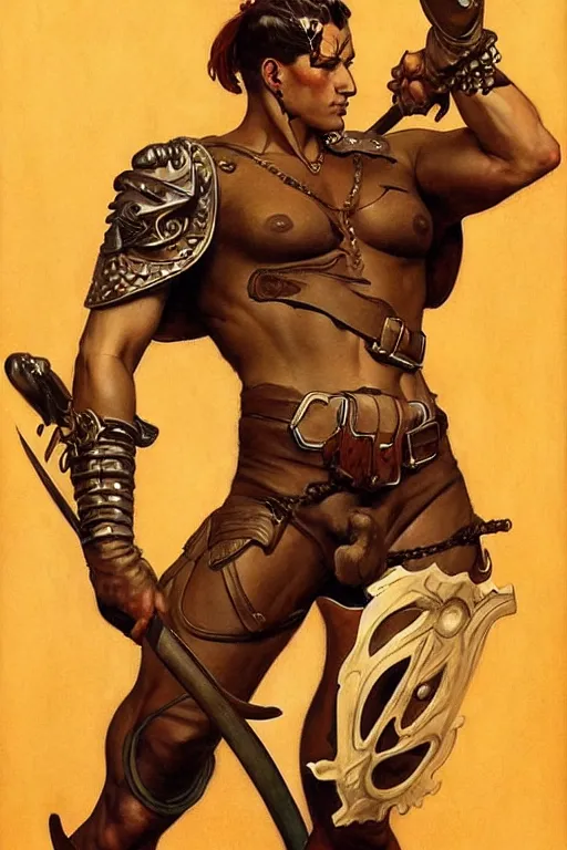 Image similar to warrior, attractive male, character design, painting by j. c. leyendecker, katsuya terada, frank frazetta, tom of finland, trending on artstation