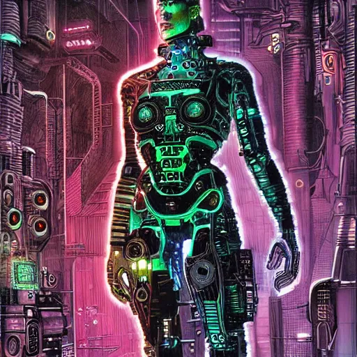 Prompt: Cyborg drawing artwork, cyberpunk, neon world, drawn by James Christensen