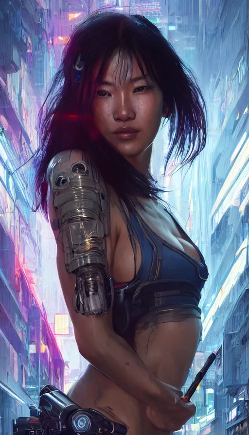 Prompt: cyberpunk, perfectly-centered-Portrait of the most beautiful women on the planet, sweaty, asian, full body, dynamic action pose, insane, intricate, highly detailed, digital painting, artstation, concept art, smooth, sharp focus, illustration, Unreal Engine 5, 8K, art by artgerm and greg rutkowski and alphonse mucha