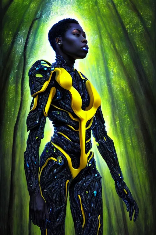 Image similar to hyperrealistic post - symbolism cinematic super expressive! black woman with exoskeleton armor, merging with tree in a forest, highly detailed digital art masterpiece, smooth cam de leon eric zener dramatic pearlescent soft blue yellow light, ground angle hd 8 k, sharp focus