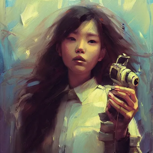 Prompt: girl holding a rocket launcher, expressive oil painting, by yoshitaka amano, by jeremy lipking, by artgerm, by wlop, digital art