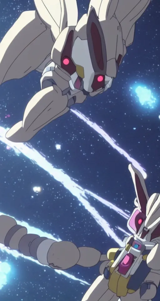 Image similar to a bunny rabbit in the science fiction anime series gundam by makoto shinkai, flying through space