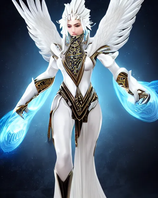 Prompt: perfect white haired attractive egyptian goddess with huge white dove wings, warframe armor, regal, ornate, beautiful, symmetric, dreamy, half asian, pretty face, blue eyes, detailed, scifi platform, laboratory, experiment, 4 k, ultra realistic, epic lighting, android body, illuminated, cinematic, masterpiece, art by akihito tsukushi, voidstar