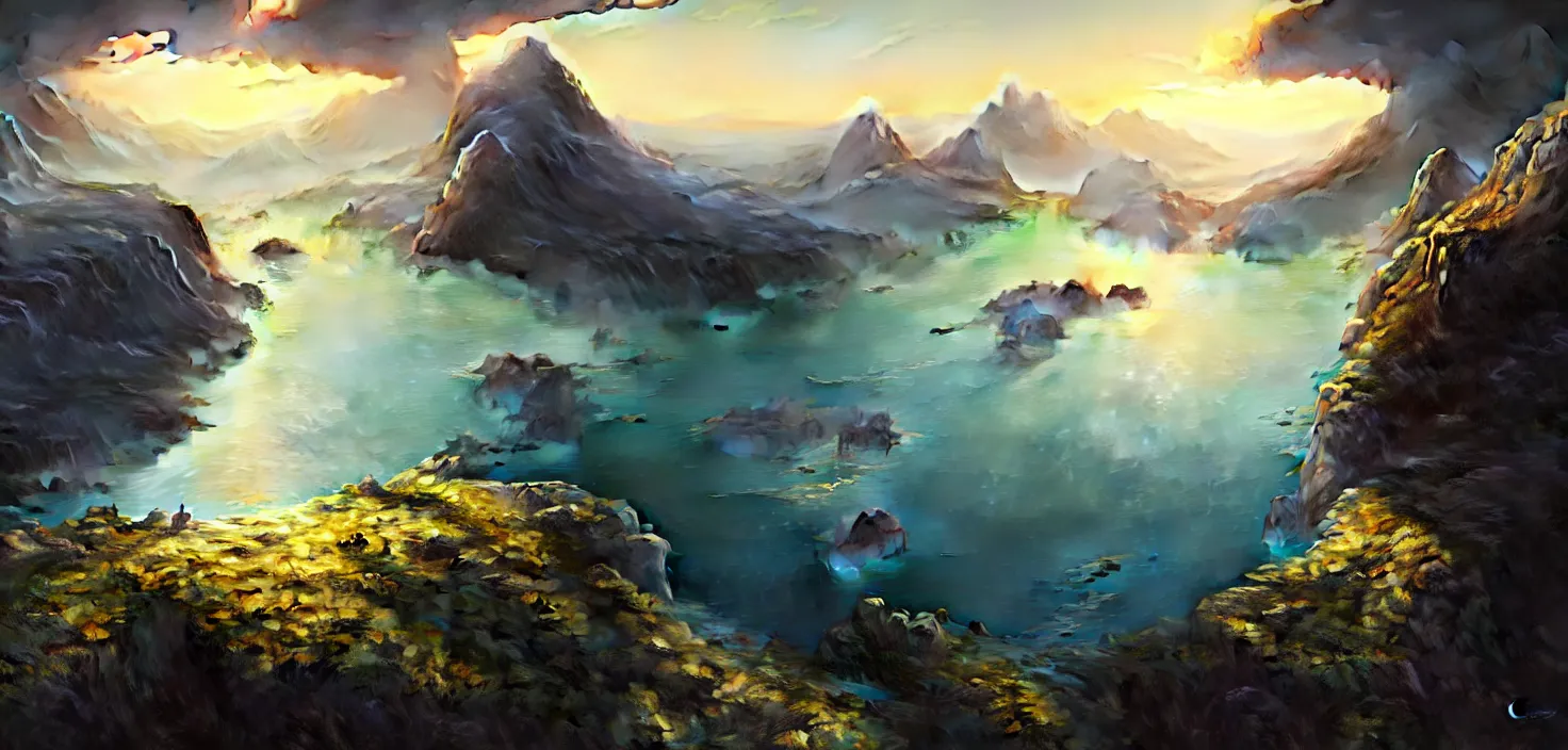 Image similar to nature landscape, aerial view, drone photography, cinematic, mountains and ocean, cinematic view, epic sky, detailed, concept art, high detail, warm lighting, volumetric, godrays, vivid, beautiful, trending on artstation, by jordan grimmer, art greg rutkowski