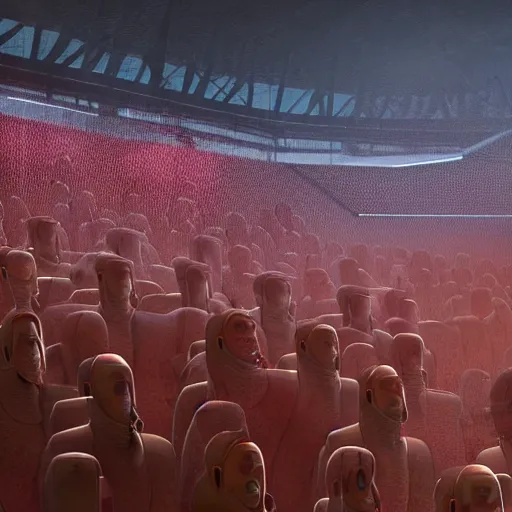 Prompt: a farm of human heads in a stadium, Simon Stalenhag, beeple, Wadim Kashin, 4K, cinematic
