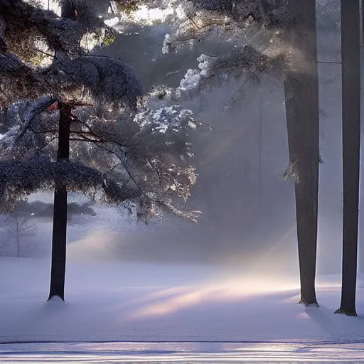 Prompt: augusta national the masters, but during winter completely covered in snow, beautiful ambient light, stunning photography, fog, light rays