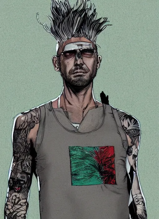 Image similar to portrait of a man with gray and green mohawk wearing a gray headset and brown tank top, gray and green mohawk, gray headset, brown tank top. art by oliver bonhomme, oliver bonhomme artwork. portrait.