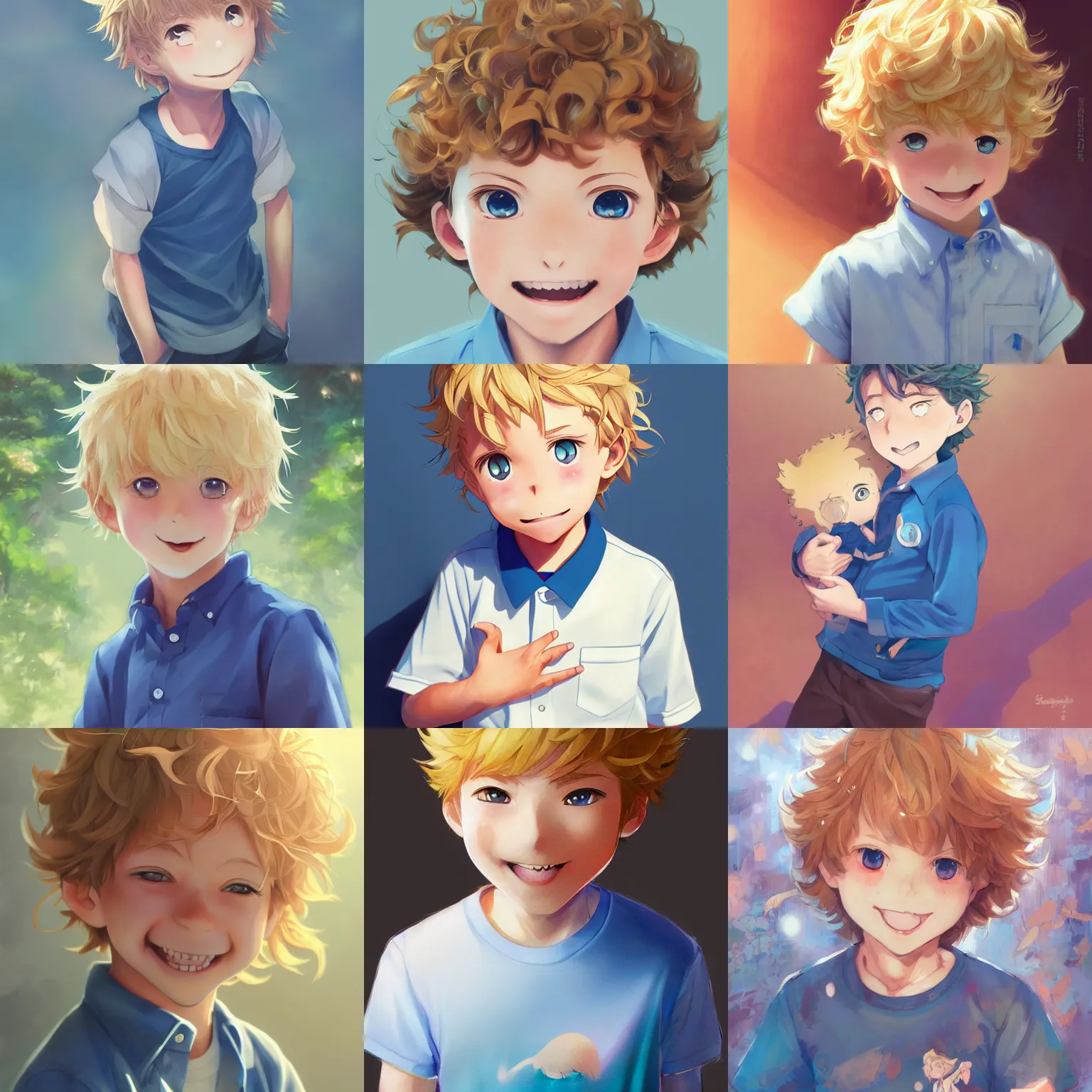 Prompt: An anime portrait of a smiling boy with curly light blonde hair and blue eyes, rosy cheeks, wearing a shirt, young child, by Stanley Artgerm Lau, WLOP, Rossdraws, James Jean, Andrei Riabovitchev, Marc Simonetti, and Sakimi chan, trending on artstation