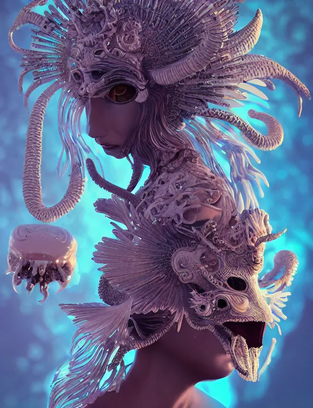 Image similar to 3 d goddess close - up 3 / 4 portrait with ram skull. beautiful intricately detailed japanese crow kitsune mask and clasical japanese kimono. betta fish, jellyfish phoenix, bio luminescent, plasma, ice, water, wind, creature, artwork by tooth wu and wlop and beeple and greg rutkowski