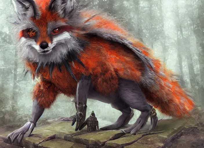 Image similar to ashigaru steampunk - inspired feathered anthropomorphic fox, colorful plumage, lacquered armor, cute but determined, hard focus, art station, by jessica rossier and brian froud, cinematic fantasy painting, orange grey white, in a woodland glade