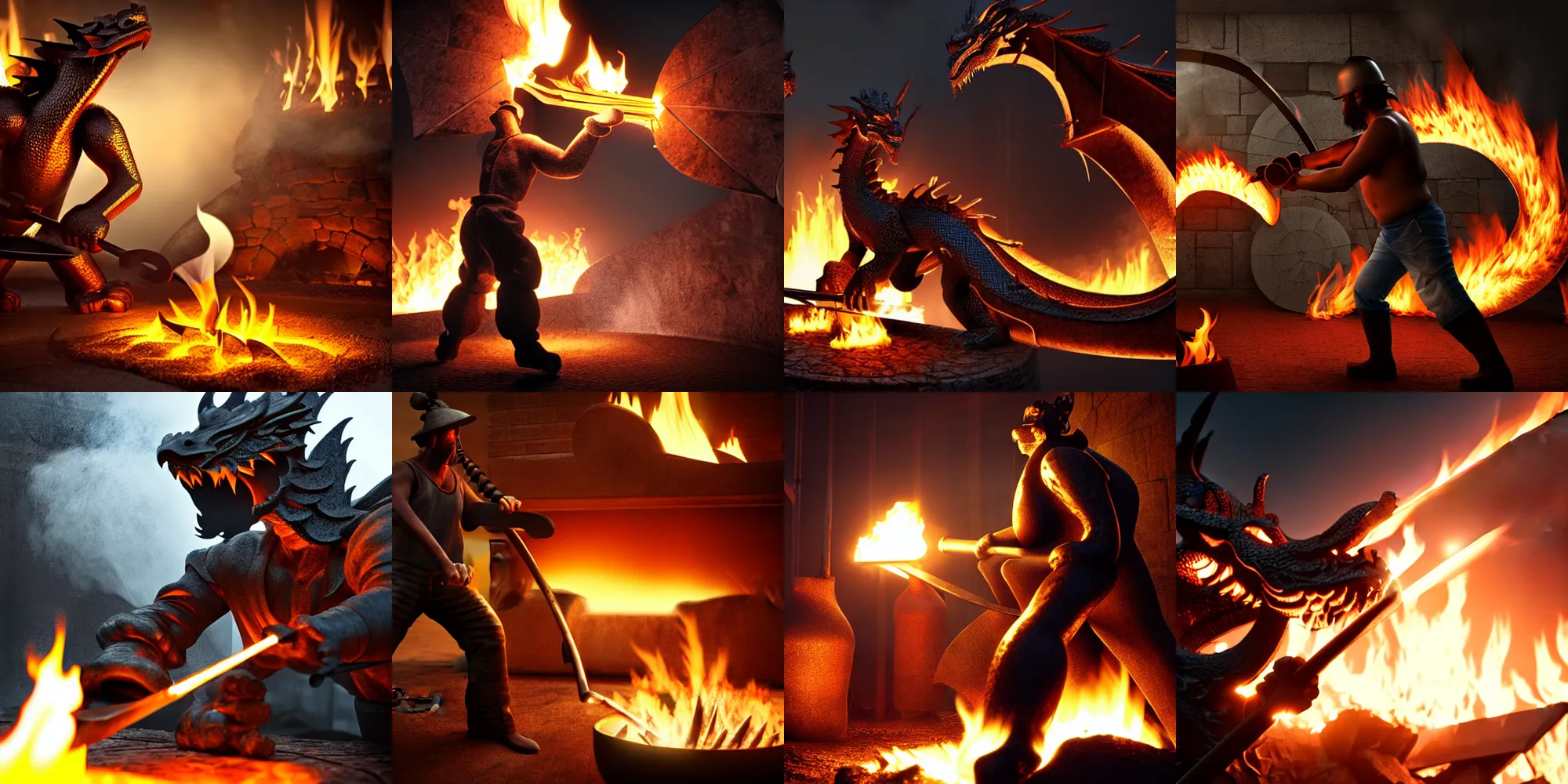 Prompt: a blacksmith fighting his forge the forge flames are shaped like a dragon, high particle count, highly reflective, fire, smoke, misty, high quality render, realistic lighting