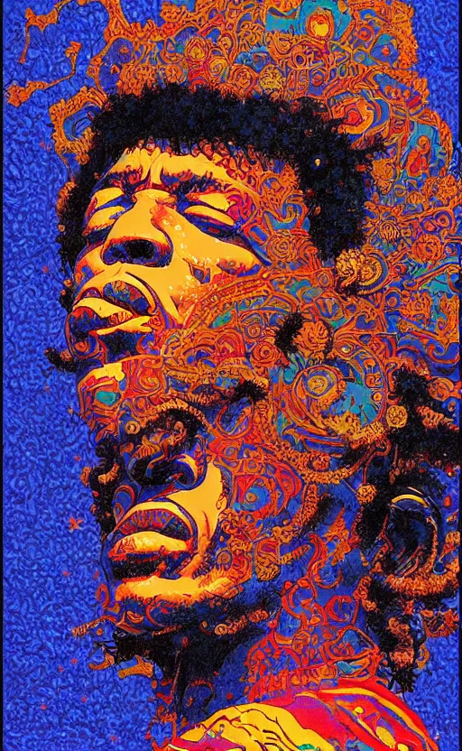Prompt: an awesome jean giraud graphic art of jimi hendrix in the style of a renaissance masters portrait, mystical and new age symbolism and tibetan book of the dead imagery, intricately detailed, 4 k