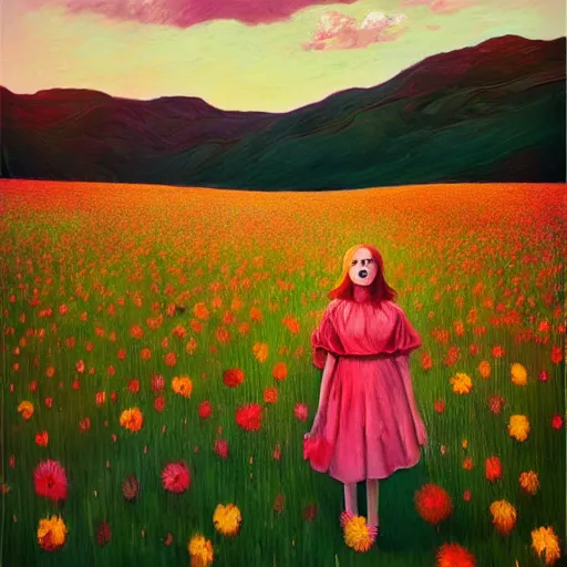 Image similar to girl with a flower face, surreal photography, standing in flower field, in a valley, sunrise dramatic light, impressionistic painting, colorful clouds, artstation, dali, simon stalenhag