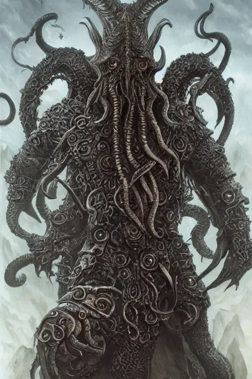 Image similar to full body concept art of Cthulhu wearing viking armor made with porcelain by Jeff Easley and Peter Elson + beautiful eyes, beautiful face + symmetry face + galaxy + gothic, surreal, dread + highly detailed, intricate complexity, epic composition, magical atmosphere + masterpiece, award winning + trending on artstation