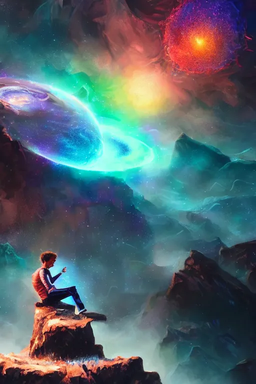 Prompt: galaxy bender experiencing the quantum field, elevated consciousness, beautiful astrological neural network, bob ross matte painting and tim burton comic book art, realistic, trending on artstation, sharp focus, depth of field, cinematic composition, physics splashes of colors, octane render