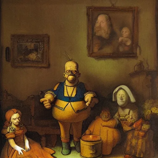 Prompt: the simpsons. the future. by rembrandt 1 6 6 7, illustration