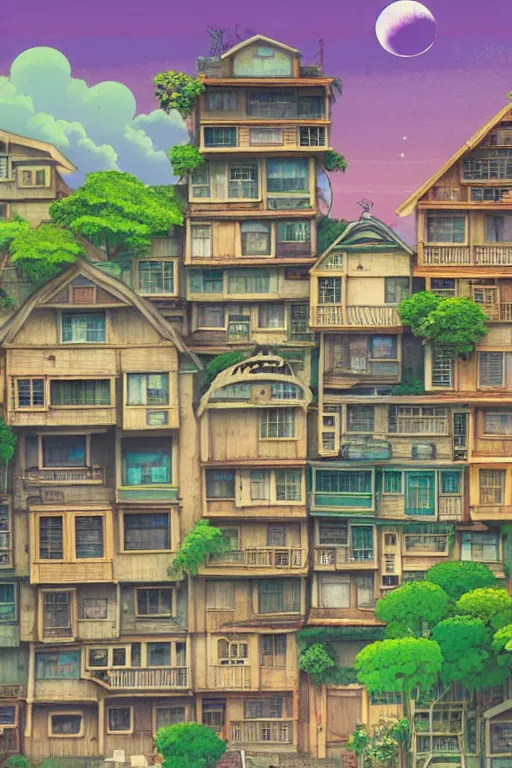 Prompt: stacked houses, solarpunk, studio ghibli